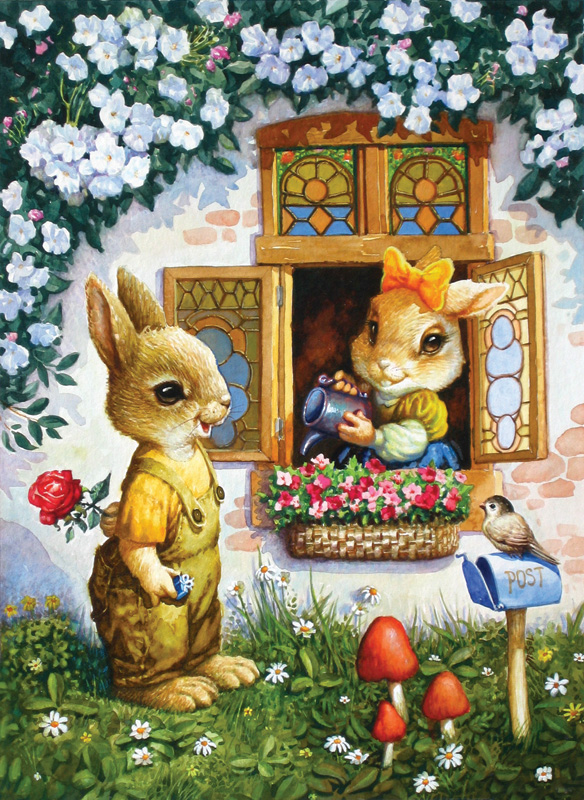 Rabbits watering the flowers