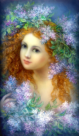 Redhead Girl with Purple Flowers