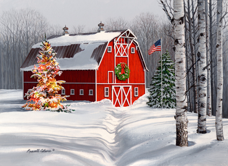 Barn with Christmas tree and Flag cps258