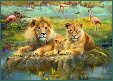 Lion Family With Flamingos