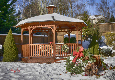 Gazebo and Christmas Presents in Snow