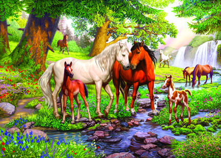 Horses with Foals by the Stream