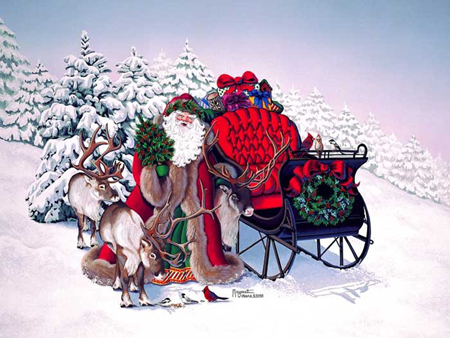 Santa With Deer And Sleigh