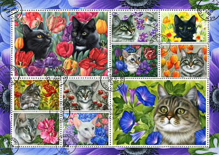 Botnaical Cat Stamp Collection blue