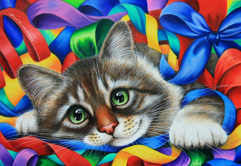 Cat Playing In Ribbons