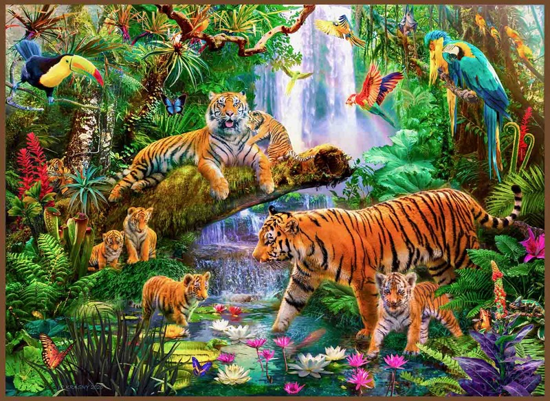 Tigers under a waterfall