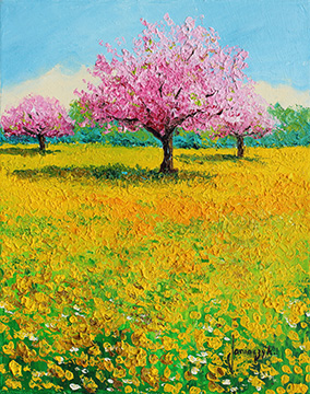 Flowering orchard and dandelions