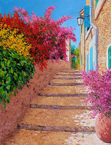 Stairs in the shade of the bougainvillea